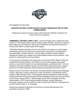 GOJHL Press Release – Commissioner Announcement