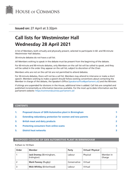 View Call Lists: Westminster Hall PDF File 0.05 MB