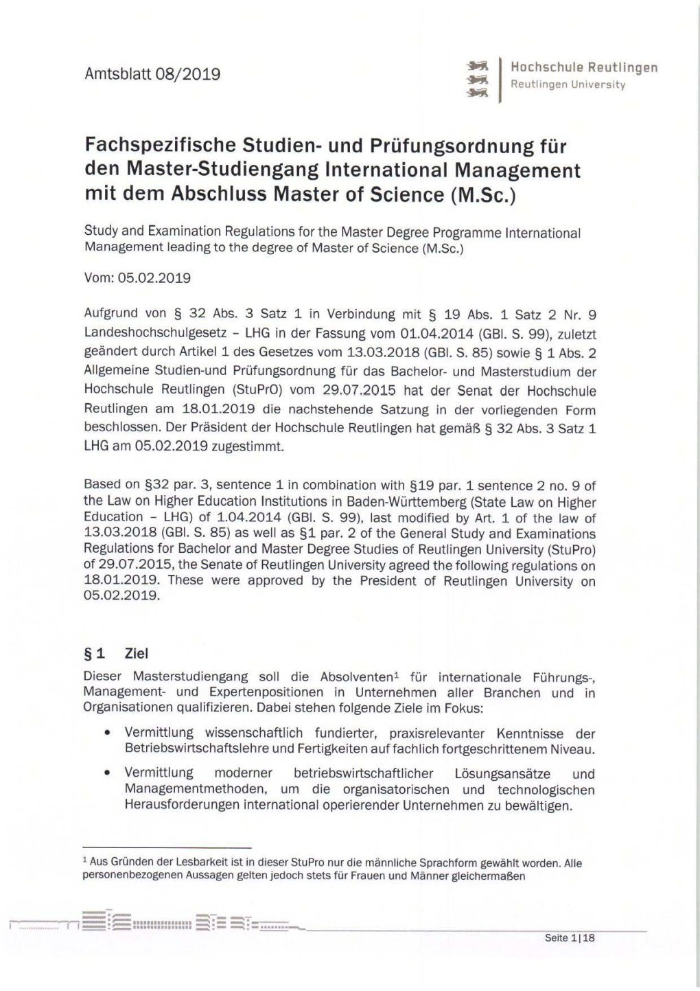 Studien- Und Prüfungsordnung Für Den Master-Studiengang International Management Mit Dem Abschluss Master of Science (M.Sc.)