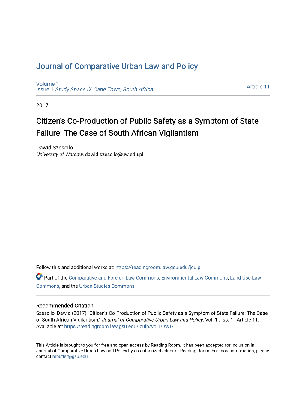 Citizen's Co-Production of Public Safety As a Symptom of State Failure: the Case of South African Vigilantism