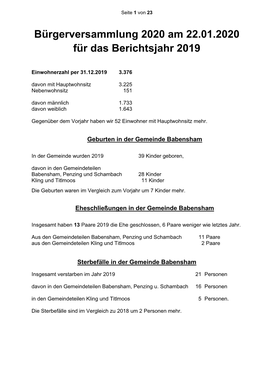 Bürgerversammlung 2020 Am 22.01.2020 Für Das Berichtsjahr 2019