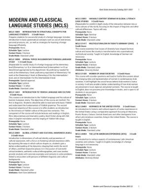 Modern and Classical Language Studies (MCLS) 1 2 Kent State University Catalog 2020-2021