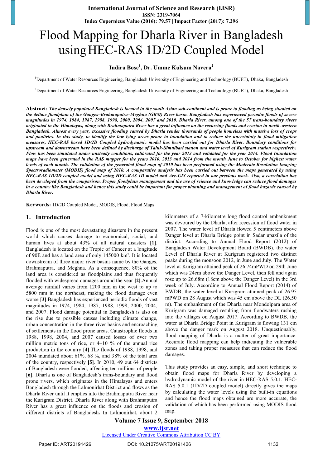 Flood Mapping for Dharla River in Bangladesh Using HEC-RAS 1D/2D Coupled Model