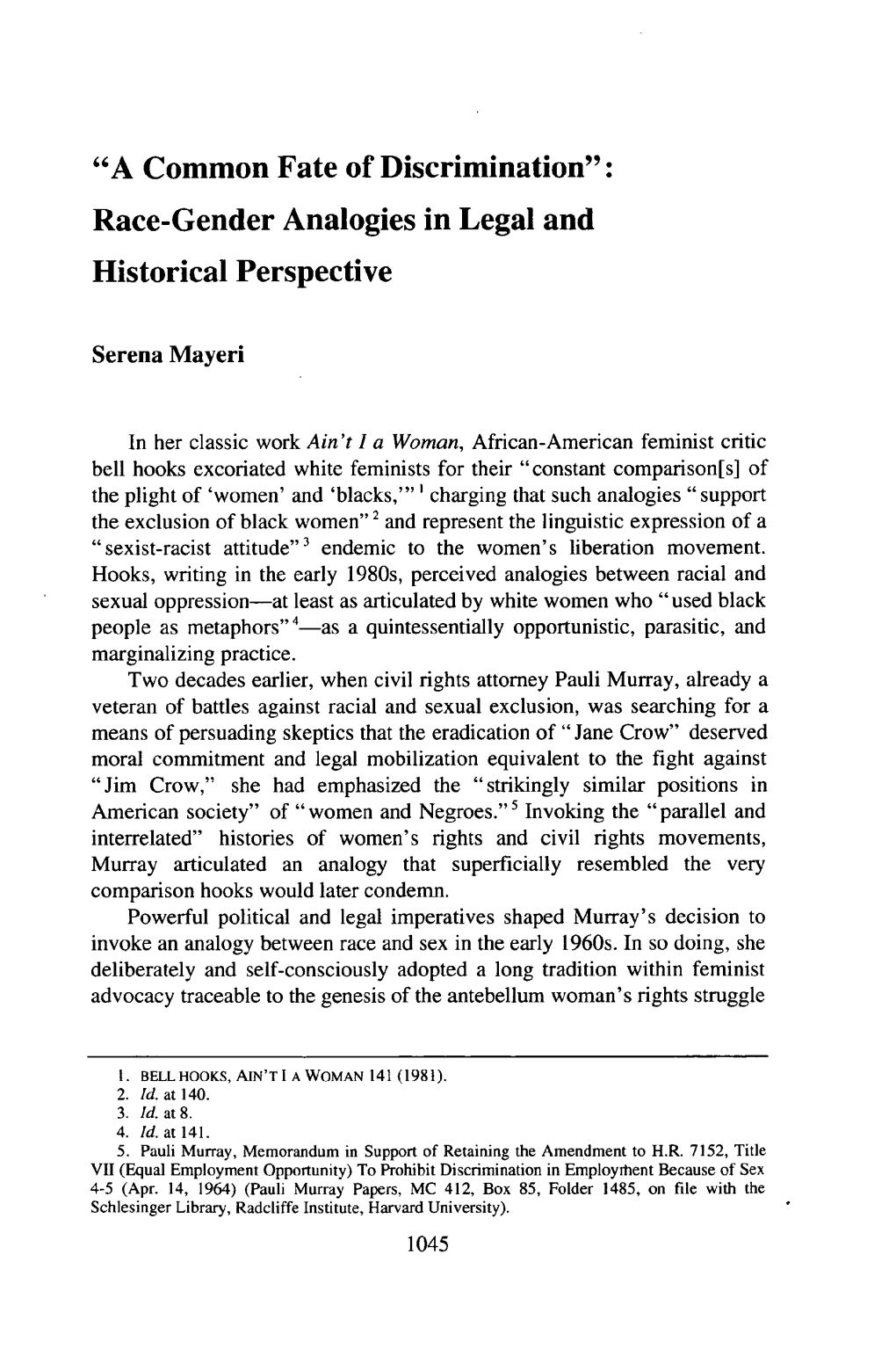 "A Common Fate of Discrimination": Race-Gender Analogies in Legal and Historical Perspective