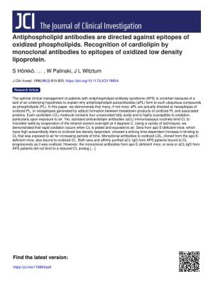 Antiphospholipid Antibodies Are Directed Against Epitopes of Oxidized Phospholipids