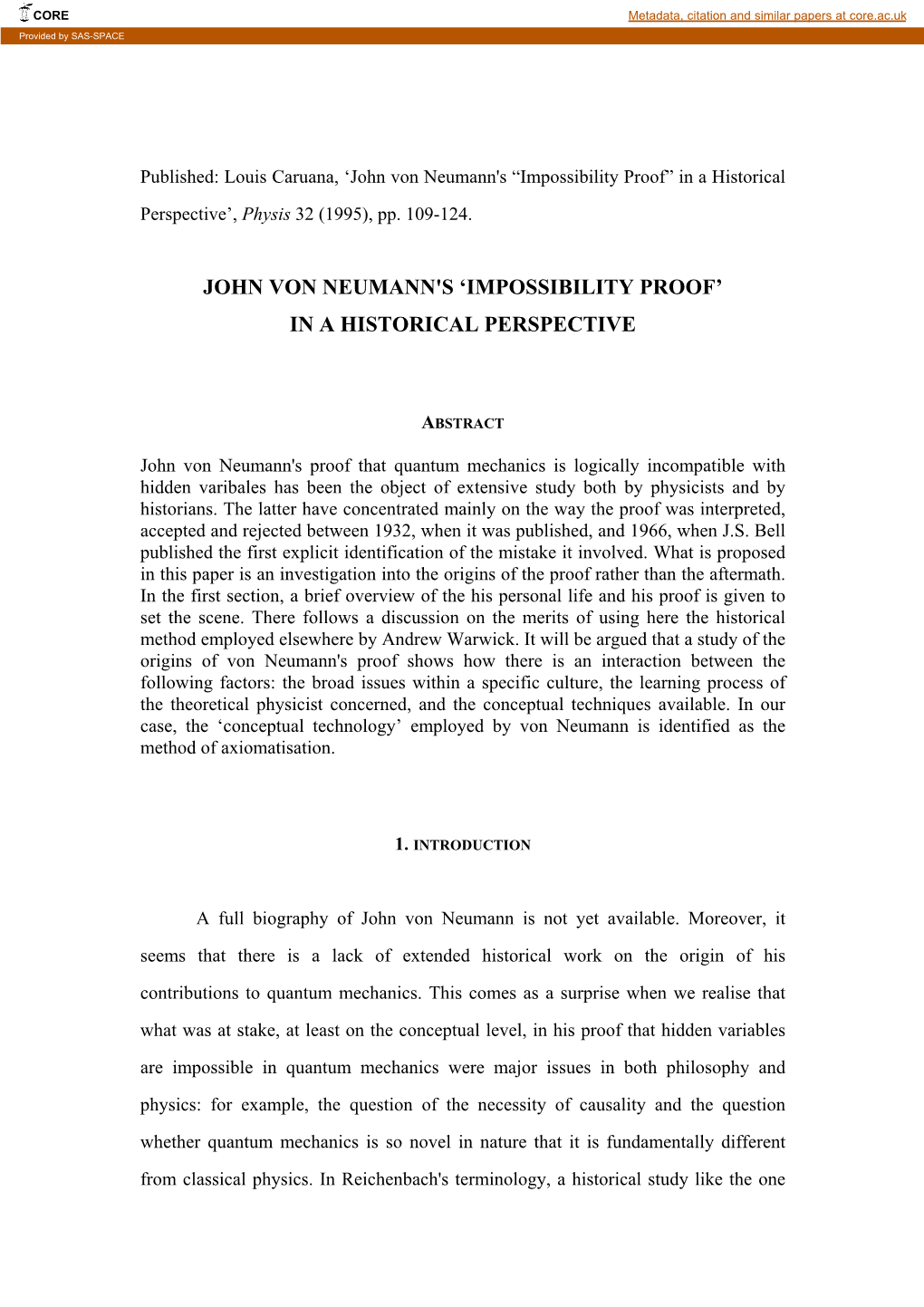 John Von Neumann's “Impossibility Proof” in a Historical Perspective’, Physis 32 (1995), Pp