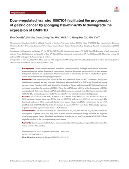 Down-Regulated Hsa Circ 0067934 Facilitated the Progression of Gastric Cancer by Sponging Hsa-Mir-4705 to Downgrade the Expression of BMPR1B