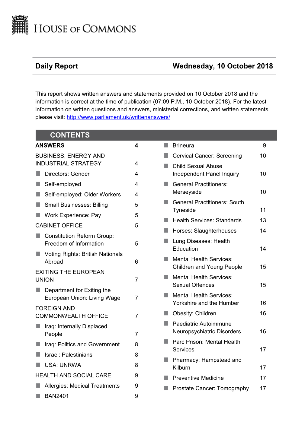 Daily Report Wednesday, 10 October 2018 CONTENTS
