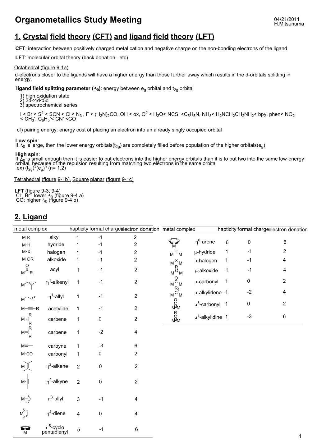 Organometallics Study Meeting H.Mitsunuma 1