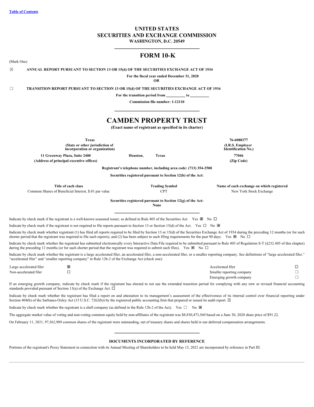 CAMDEN PROPERTY TRUST (Exact Name of Registrant As Specified in Its Charter)