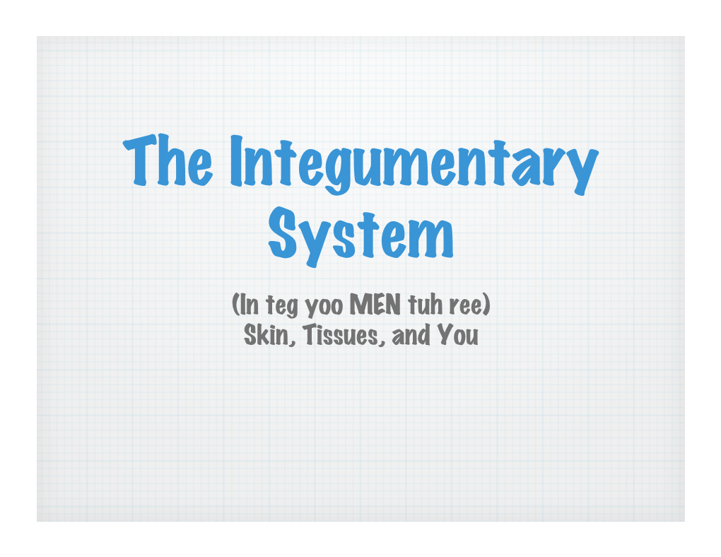 The Integumentary System (In Teg Yoo MEN Tuh Ree) Skin, Tissues, and You � the Integumentary System Is the Body’S Outer Covering