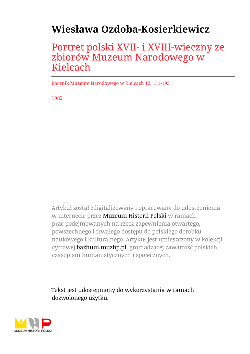 Wiesława Ozdoba-Kosierkiewicz Portret Polski XVII- I XVIII-Wieczny Ze Zbiorów Muzeum Narodowego W Kielcach