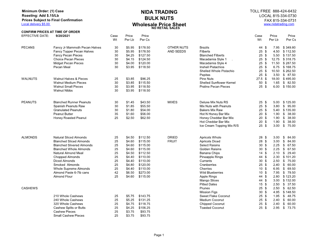 NIDA TRADING BULK NUTS Wholesale Price Sheet