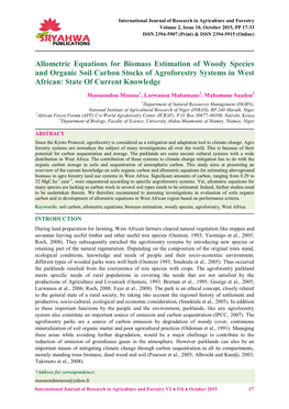 Allometric Equations for Biomass Estimation of Woody Species and Organic Soil Carbon Stocks of Agroforestry Systems in West African: State of Current Knowledge