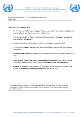 Flood Disaster Situation Report June 8, 2014 HIGHLIGHTS
