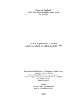 Politics, Migration and Minorities in Independent and Soviet Estonia, 1918-1998