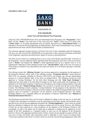 OFFERING CIRCULAR SAXO BANK A/S EUR 2,000,000,000 Senior