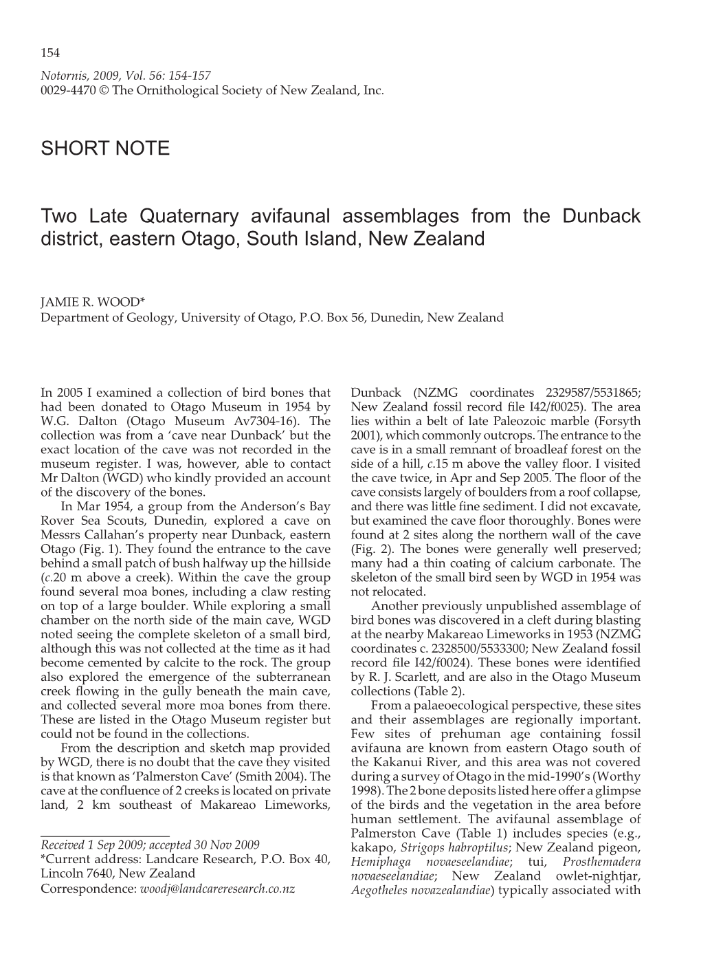 Two Late Quaternary Avifaunal Assemblages from the Dunback District, Eastern Otago, South Island, New Zealand