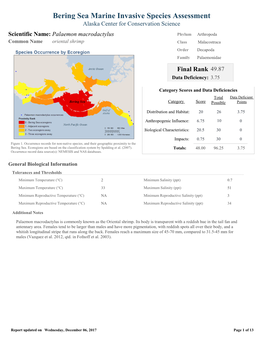 Bering Sea Marine Invasive Species Assessment Alaska Center for Conservation Science