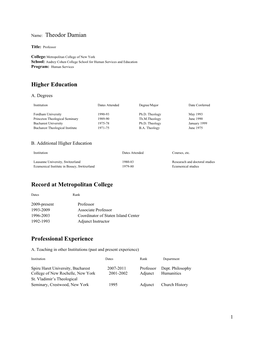 Theodor Damian Higher Education Record at Metropolitan College