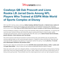 Cowboys QB Dak Prescott and Lions Rookie LB Jarrad Davis Among NFL Players Who Trained at ESPN Wide World of Sports Complex at Disney