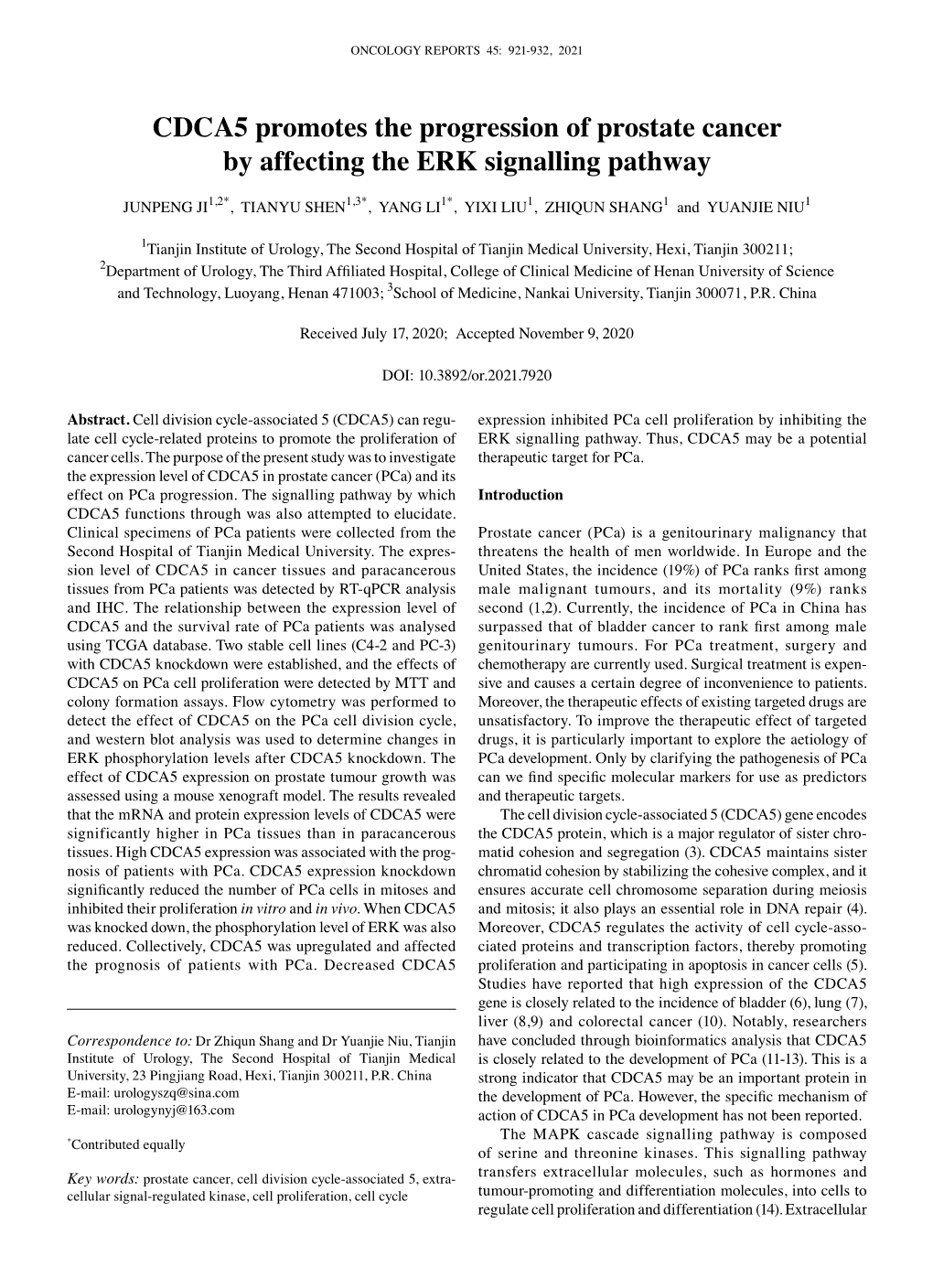 CDCA5 Promotes the Progression of Prostate Cancer by Affecting the ERK Signalling Pathway