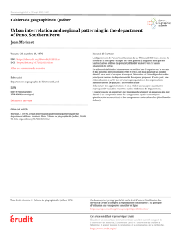 Urban Interrelation and Regional Patterning in the Department of Puno, Southern Peru Jean Morisset