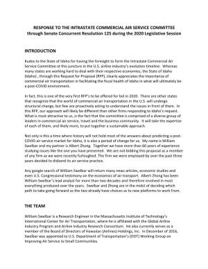 RESPONSE to the INTRASTATE COMMERCIAL AIR SERVICE COMMITTEE Through Senate Concurrent Resolution 125 During the 2020 Legislative Session