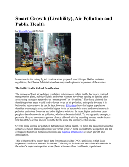 Smart Growth (Livability), Air Pollution and Public Health by Wendell Cox 09/29/2011