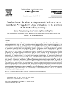 To Neoproterozoic Basic–Acid Rocks from Hunan Province, South China: Implications for the Evolution of the Western Jiangnan Orogen