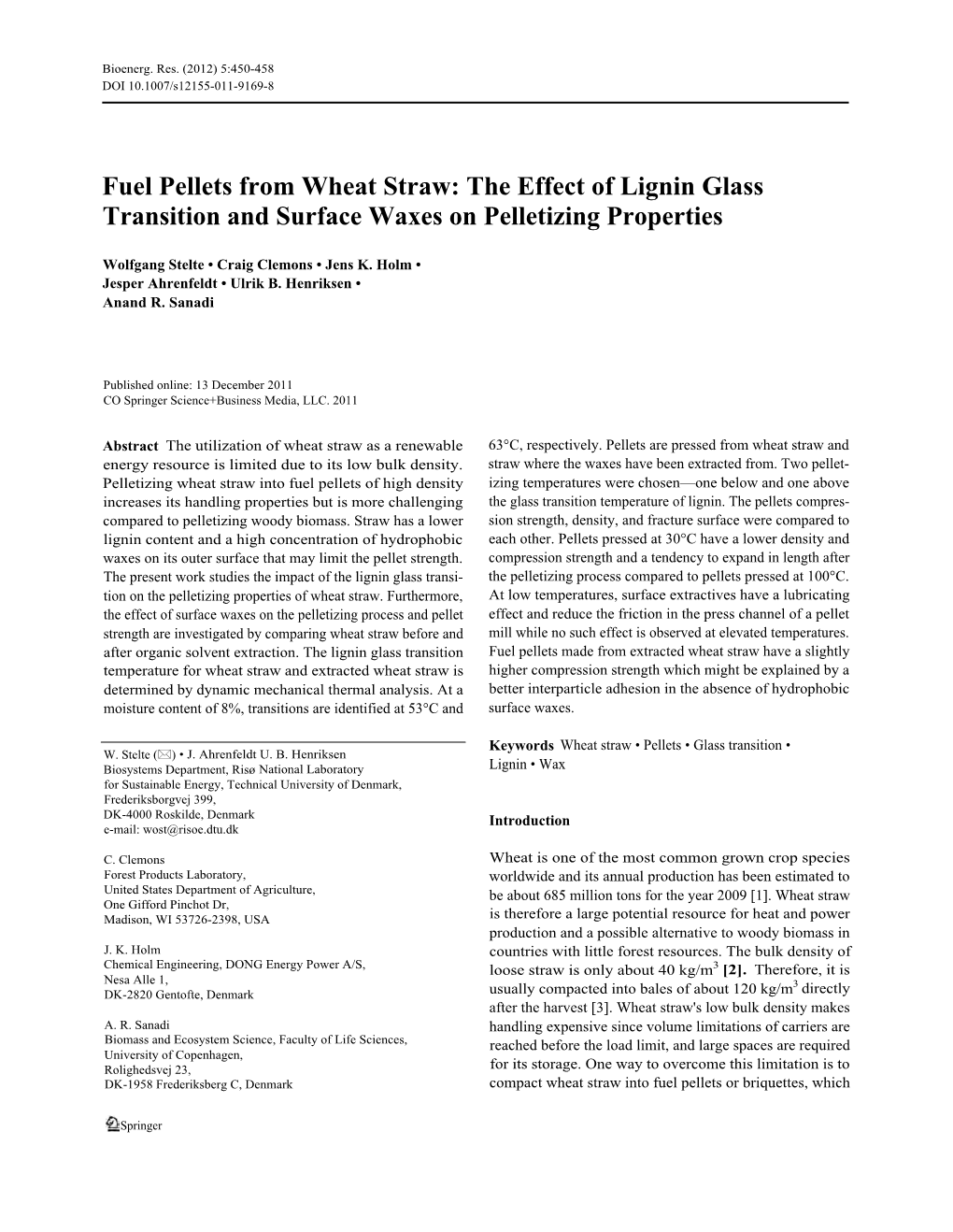 Fuel Pellets from Wheat Straw: the Effect of Lignin Glass Transition and Surface Waxes on Pelletizing Properties