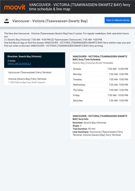 VANCOUVER - VICTORIA (TSAWWASSEN-SWARTZ BAY) Ferry Time Schedule & Line Map