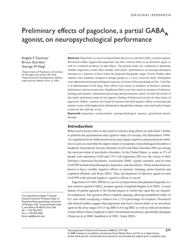 Preliminary Effects of Pagoclone, a Partial GABA Agonist, On