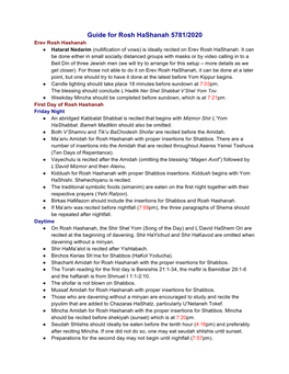 Guide for Rosh Hashanah 5781/2020 Erev Rosh Hashanah ● Hatarat Nedarim (Nullification of Vows) Is Ideally Recited on Erev Rosh Hashanah