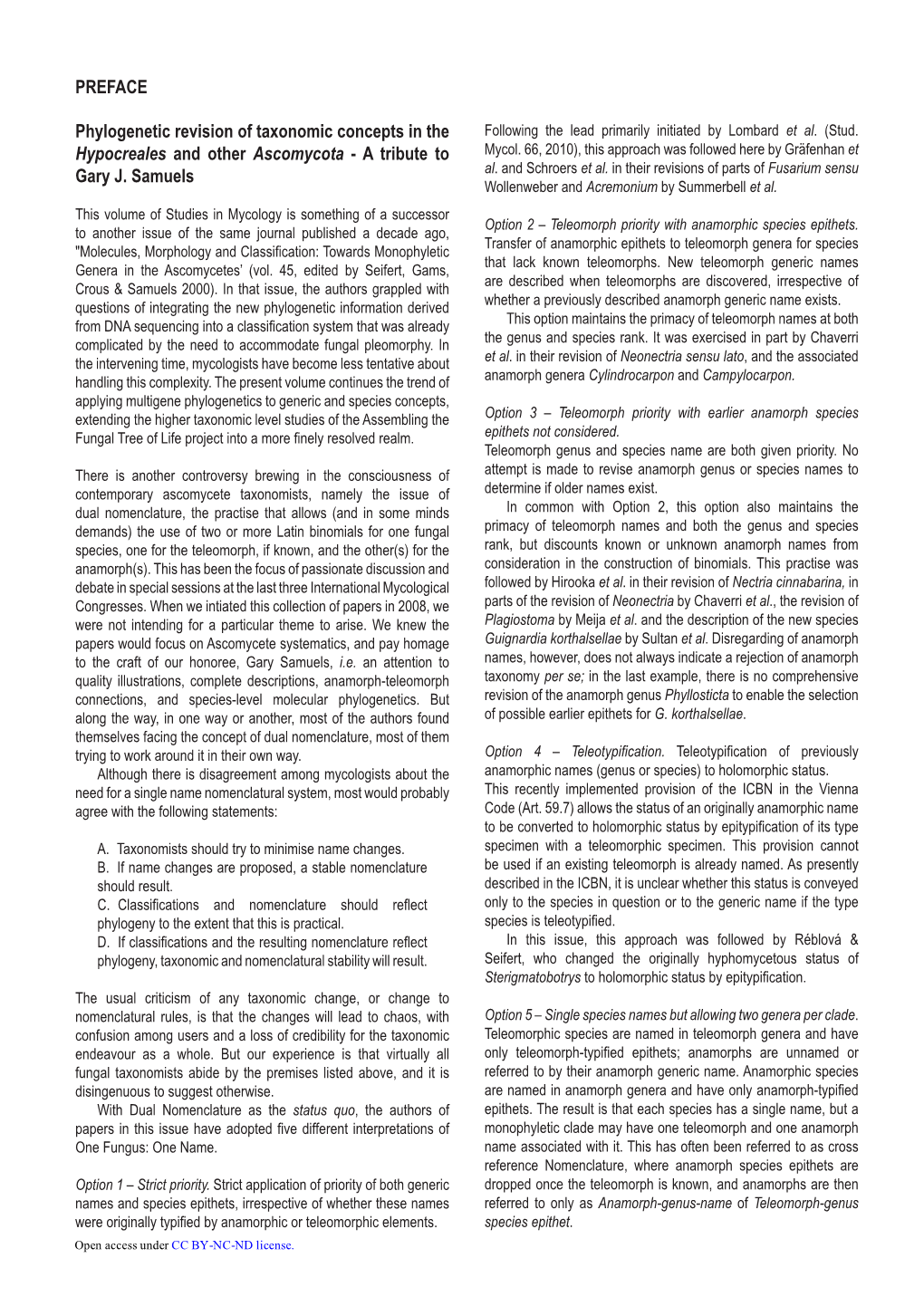 PREFACE Phylogenetic Revision of Taxonomic Concepts in the Hypocreales and Other Ascomycota