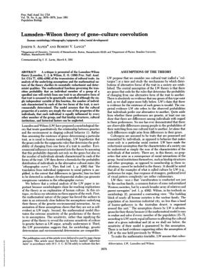 Lumsden-Wilson Theory of Gene Culture Coevolution (Human Sociobiology/Ethnography/Epigenetic Rules/Social Development) JOSEPH S