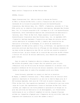 French Translation of Press Release Dated September 29, 2004 Magna