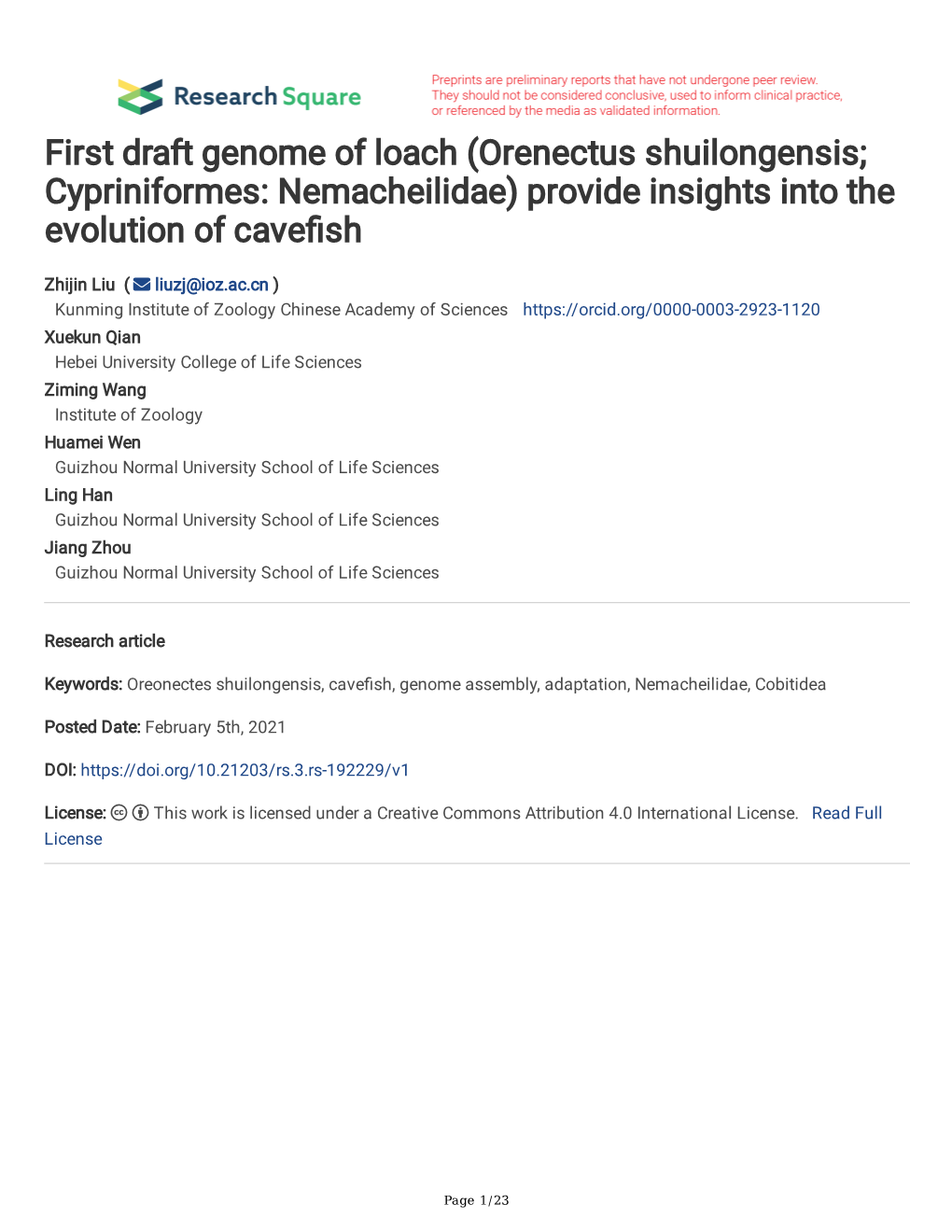 First Draft Genome of Loach (Orenectus Shuilongensis; Cypriniformes: Nemacheilidae) Provide Insights Into the Evolution of Cavefsh