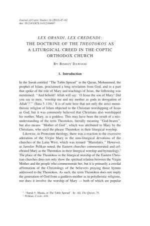 Lex Orandi, Lex Credendi: the Doctrine of the Theotokos As a Liturgical Creed in the Coptic Orthodox Church