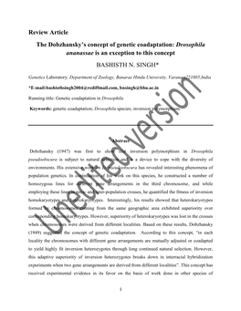 Review Article the Dobzhansky's Concept of Genetic Coadaptation