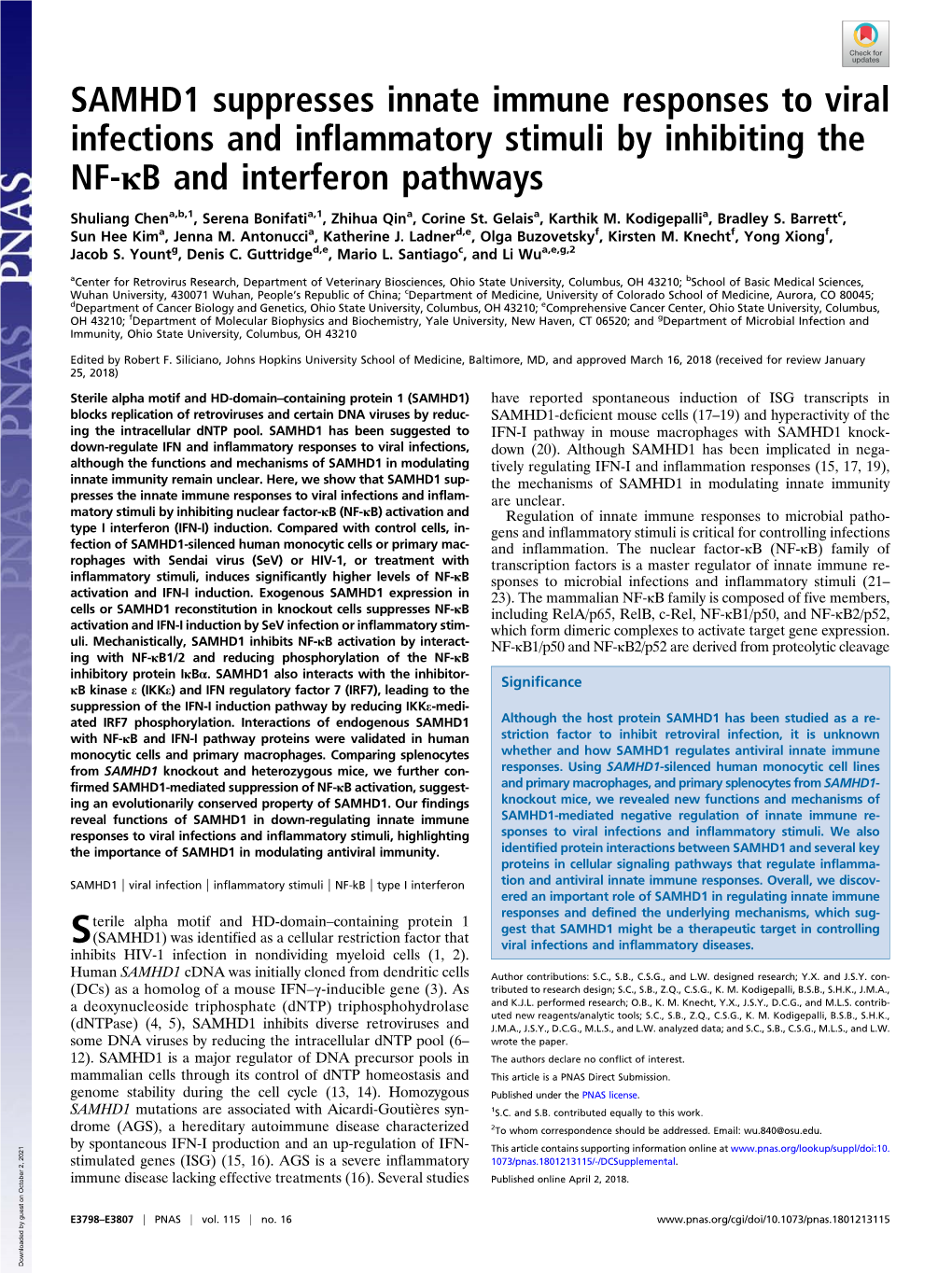 SAMHD1 Suppresses Innate Immune Responses to Viral Infections and Inflammatory Stimuli by Inhibiting the NF-Κb and Interferon Pathways