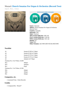 Mozart Church Sonatas for Organ & Orchestra (Record Two)