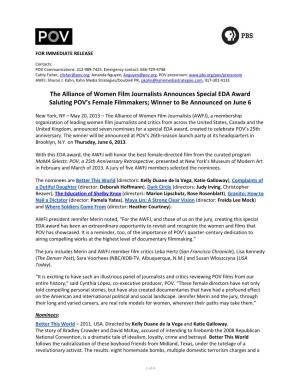 The Alliance of Women Film Journalists Announces Special EDA Award Saluting POV’S Female Filmmakers; Winner to Be Announced on June 6