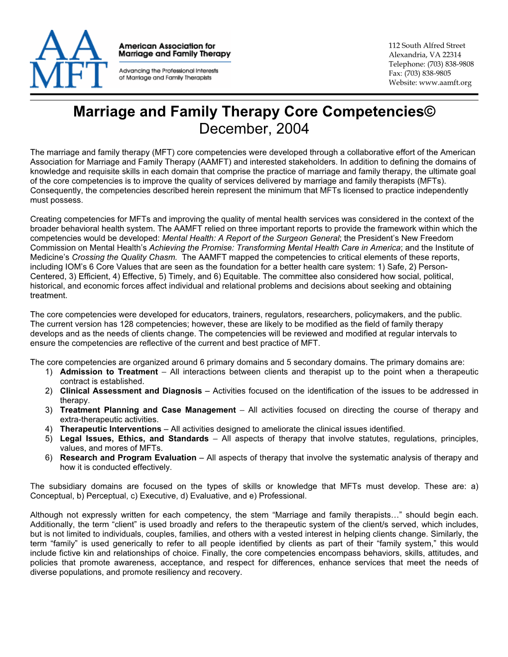 Marriage and Family Therapy Core Competencies© December, 2004