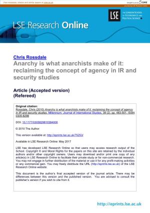 Anarchy Is What Anarchists Make of It: Reclaiming the Concept of Agency in IR and Security Studies