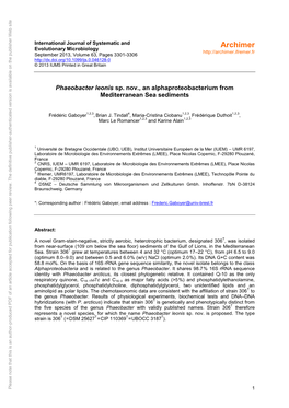 Phaeobacter Leonis Sp. Nov., an Alphaproteobacterium