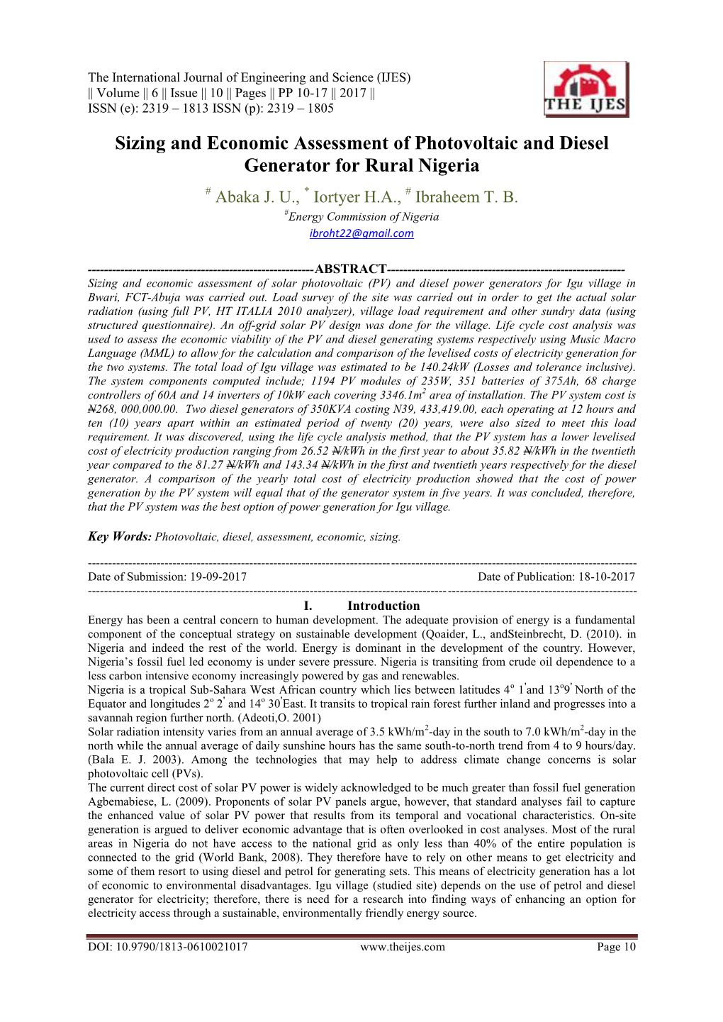 Sizing and Economic Assessment of Photovoltaic and Diesel Generator for Rural Nigeria
