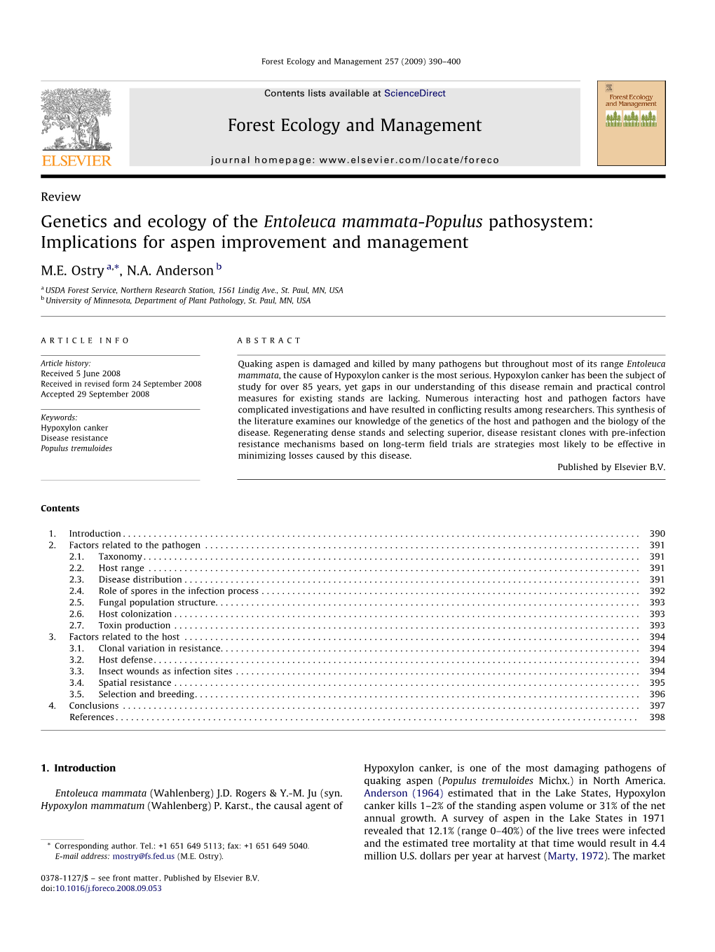 Genetics and Ecology of the Entoleuca Mammata-Populus Pathosystem: Implications for Aspen Improvement and Management