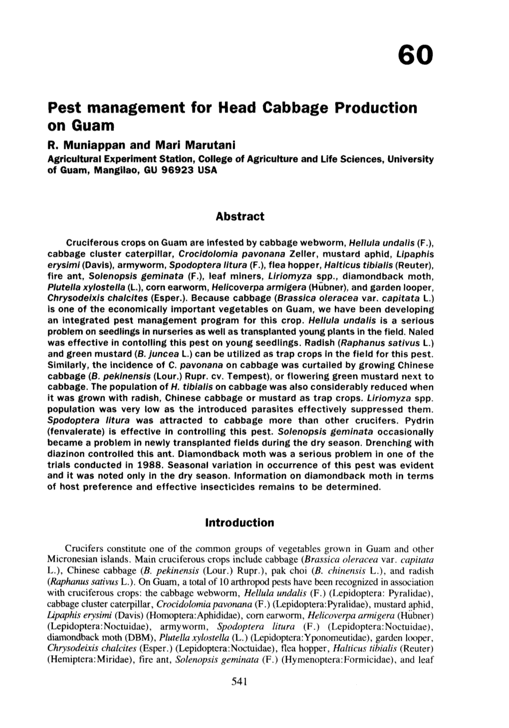 Pest Management for Head Cabbage Production on Guam R