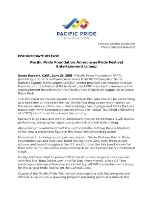 Pacific Pride Foundation Announces Pride Festival Entertainment Lineup